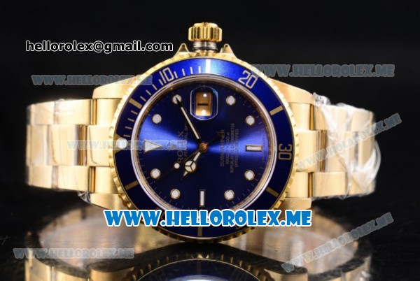 Rolex Submariner Clone Rolex 3135 Automatic Yellow Gold Case/Bracelet with Blue Dial and Dot Markers Blue Bezel (BP) - Click Image to Close